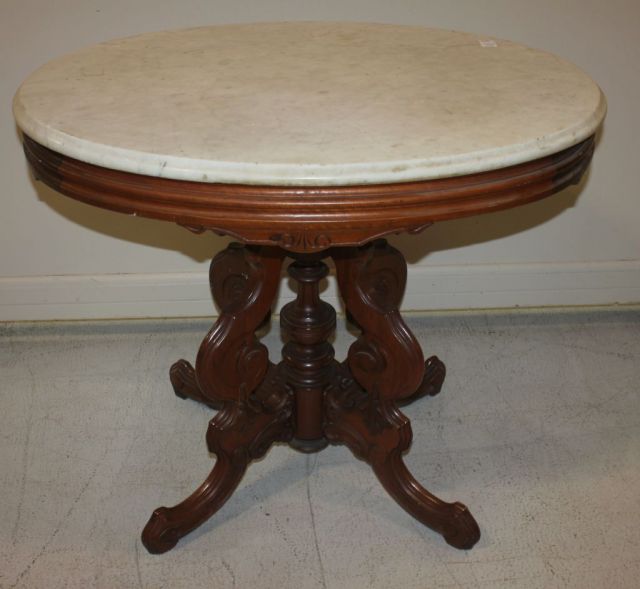 Victorian Walnut Oval Marble Top Table