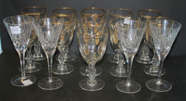 Set of Eleven Crystal Glasses Having Gold Rim, Cut Flower Bouquets in Ovals and Four Gorham Cut Glass Stems