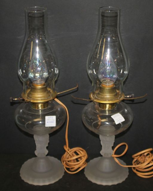 Pair Victorian Satin Glass Oil Lamps