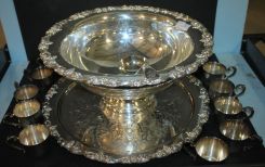 Silverplate Punch Bowl, Underplate, and Cups