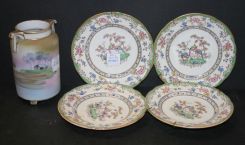 Handpainted Footed Nippon Vase and Four Copeland Spode Handpainted Peacock Plates