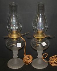 Pair Victorian Satin Glass Oil Lamps