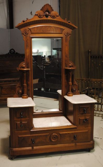 Victorian Walnut Marble Top Drop Center Dresser