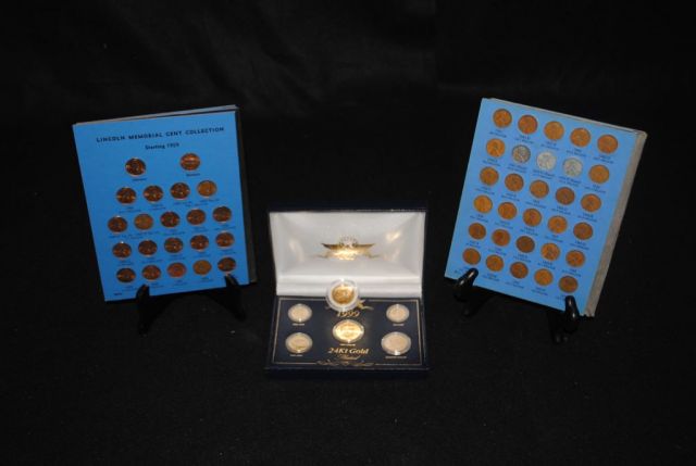 Two Collections of Lincoln Memorial Cents in Books Along with 1999 24kt. Gold Plated Coins in Box