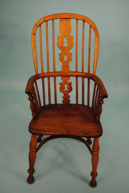 19th Century High Back Yew Wood English Windsor Arm Chair