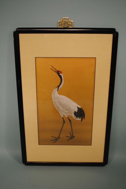 Hand Painted Silk of Crane In Black Laquer Frame with Oriental Motif Hanger