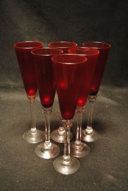 Set of Six Vintage Ruby Red Champagne Flute Glass