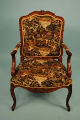 Contemporary Walnut Louis XVI Style Arm Chair Covered in Williamsburg Design Fabric