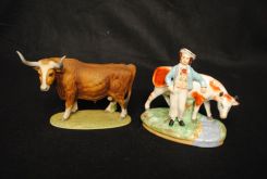 Porcelain Boy & Cow along with Longhorn Bisque Figurine