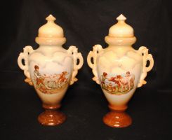 Pair English Hand-Painted Urns of Children and Cows