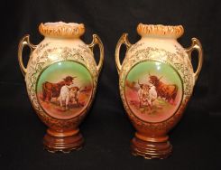 Pair of English Mantel Vases Showing Painting of Cows