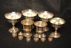 Set of Four Sterling Ice Shrimp Cups and Six Small Sterling Shakers Along with Two Toothpick Holders