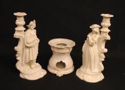 One Pair of Glazed Porcelain Candlesticks, One Pair of Unpainted Cavalier Candlesticks, and Lady Candlestick