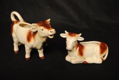 Two Hand-Painted Cows, Sugar and Creamer.