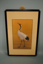 Hand Painted Silk of Crane In Black Laquer Frame with Oriental Motif Hanger