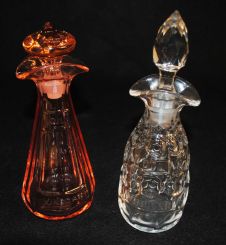 Pair Heisey French Dressing Bottles: Flamingo Flat Panel and Crystal Provincial