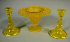 Tiffin Vaseline Candlesticks and Compote